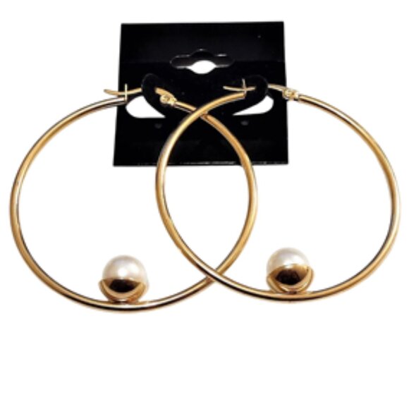 2 Inch 50mm Thin Hoop Pierced Post Earrings Gold Tone - Picture 5 of 5